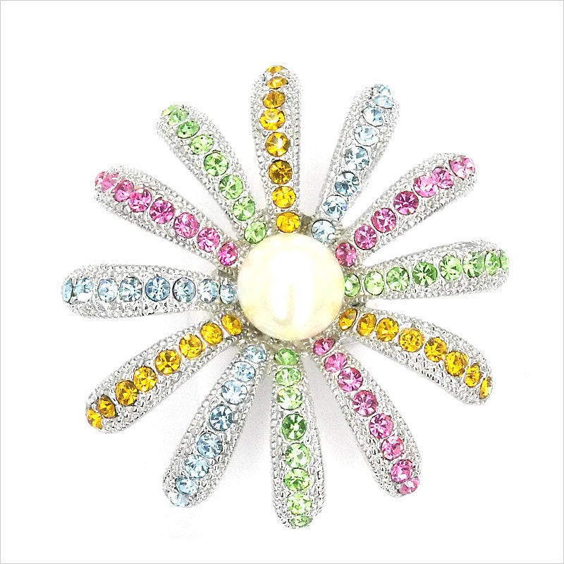 Sunflower cocktail ring with faux white pearl center and multicolor crystal petals on silver tone