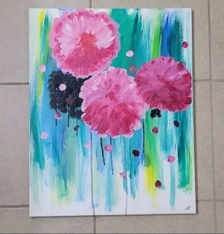 Canvas flower painting with pink carnations and colorful drip strokes.