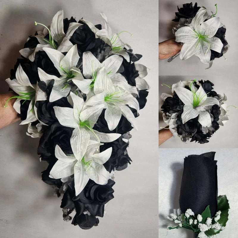 Black White Rose Tiger Lily Bridal Wedding Bouquet Accessories Bouquet