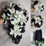Black White Rose Tiger Lily Bridal Wedding Bouquet Accessories Bouquet