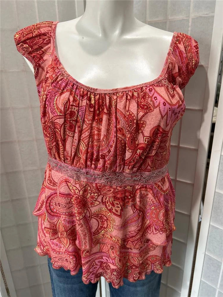 Women's pink paisley pullover blouse with square neckline and puff sleeves
