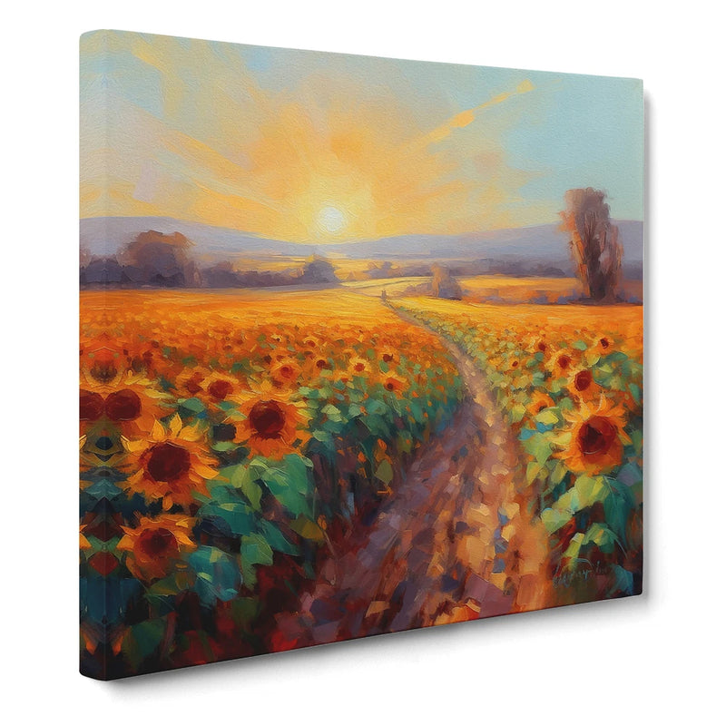 Framed canvas wall art of sunflower field landscape with orange and yellow flowers