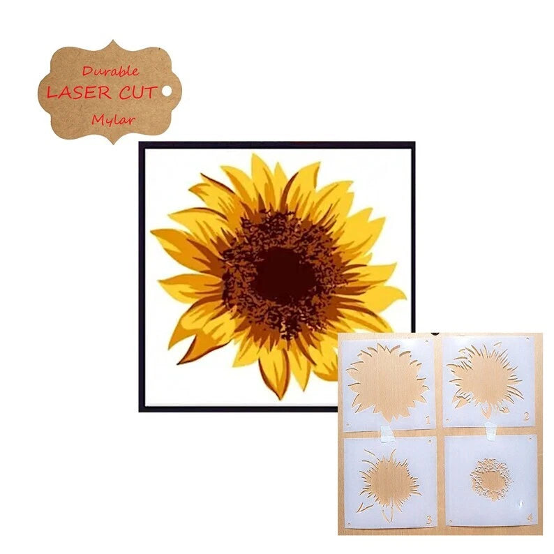 Sunflower 4-layer airbrush stencil set with flower templates, laser-cut reusable sheets