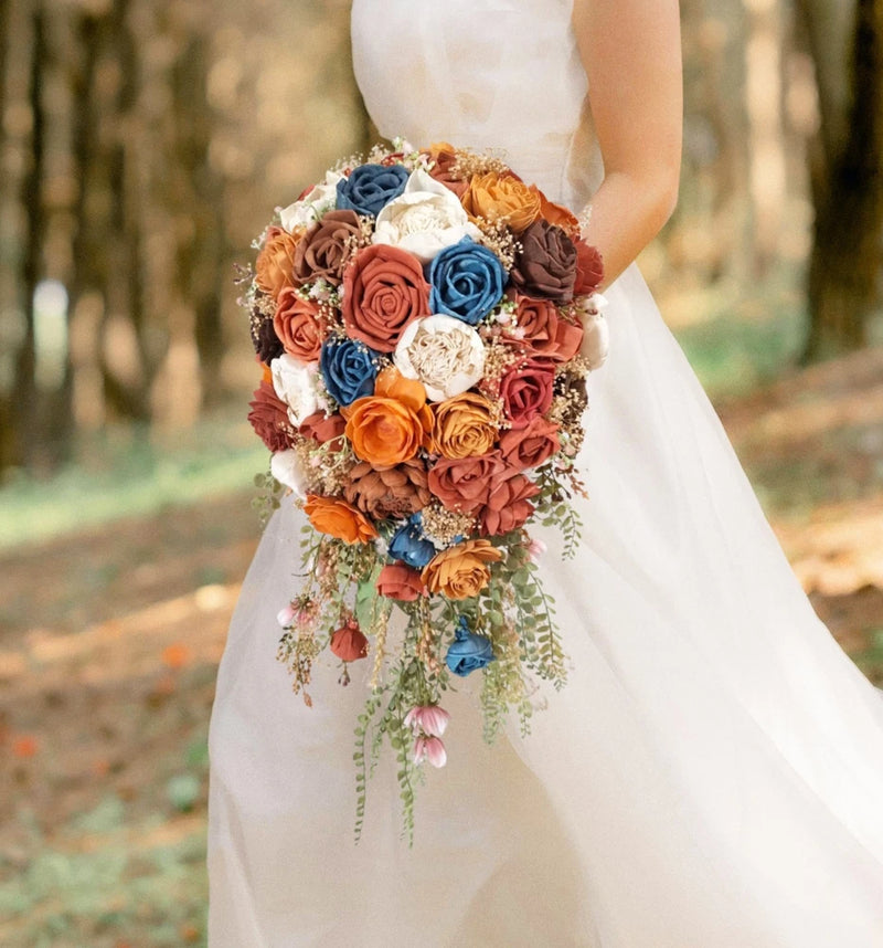 Burnt Orange Blush Bridal Bouquet Sola Wood Fall Color Blue BOHO Wedding Flowers Bouquet