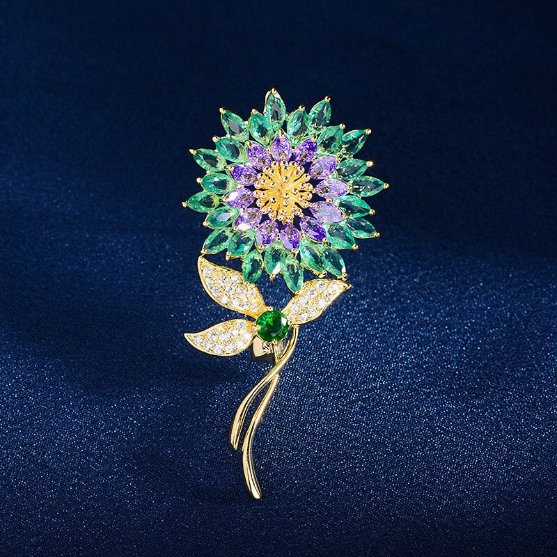 Cubic zirconia sunflower brooch pin with green and purple crystal petals