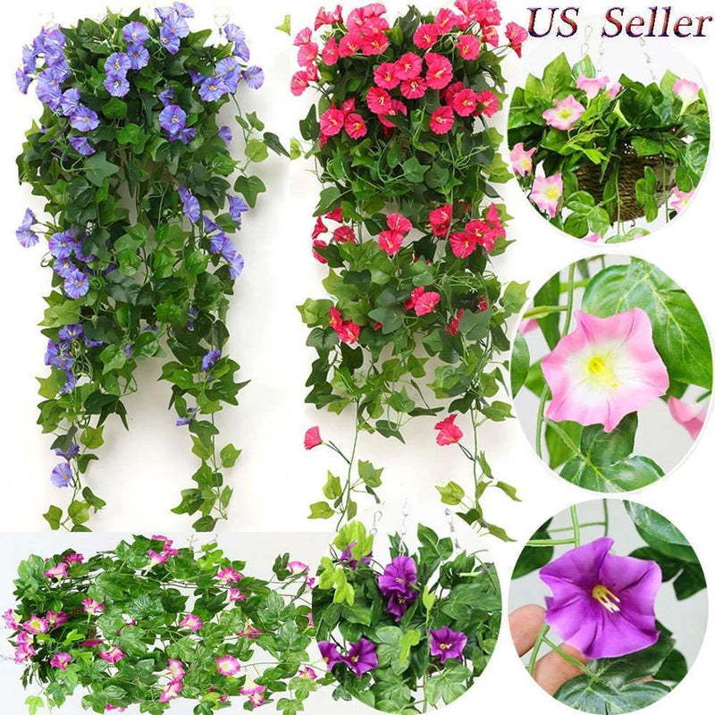 Artificial morning glory flower vine with green leaves and pink, purple, red blossoms