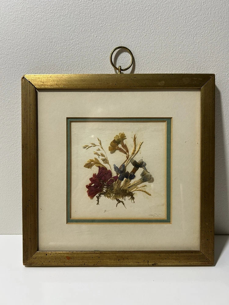 Gold framed dried flower bouquet wall art with square mat and pressed stems