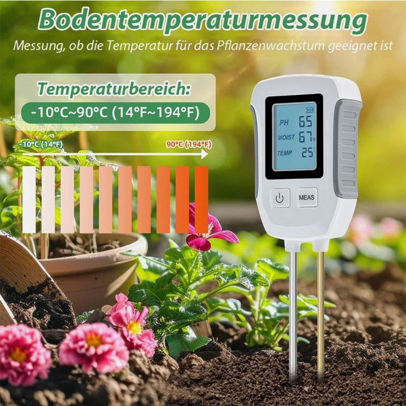 Soil tester meter with LCD screen showing pH, moisture, and temperature readings with probes