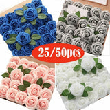 50/25pcs Artificial Flowers Real Looking Foam Roses Decoration DIY for Wedding Bouquet