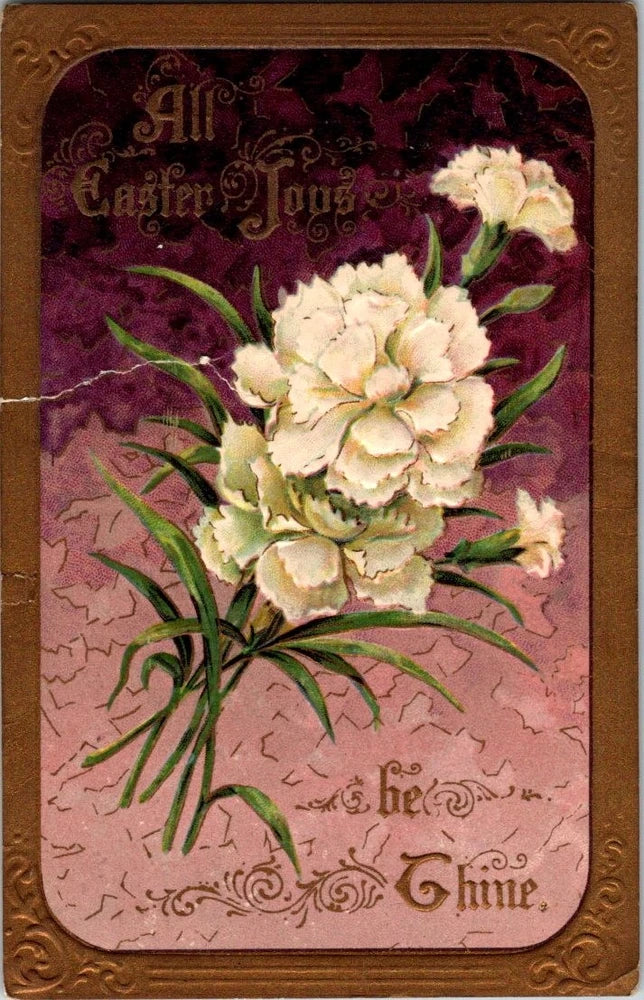 Vintage 1912 Easter Postcard White Carnations Embossed Gold Trim -  Large Tear Carnation