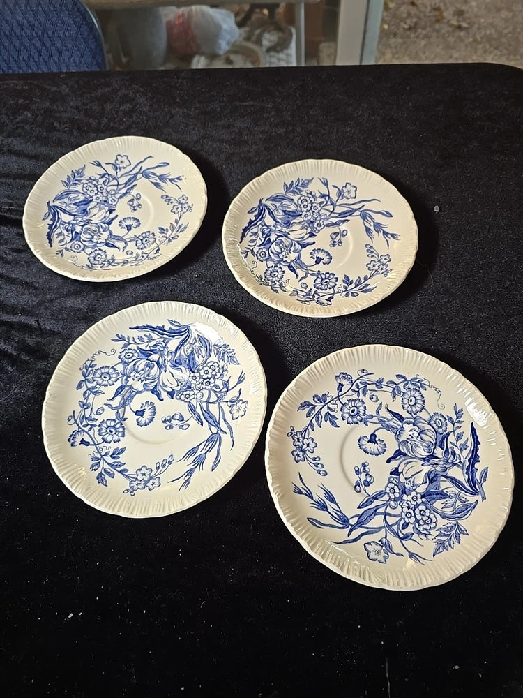 Wedgwood Ranunculus Shell Edge Set Of 4 Saucers Cobalt Blue Flowers England Vtg Ranunculus
