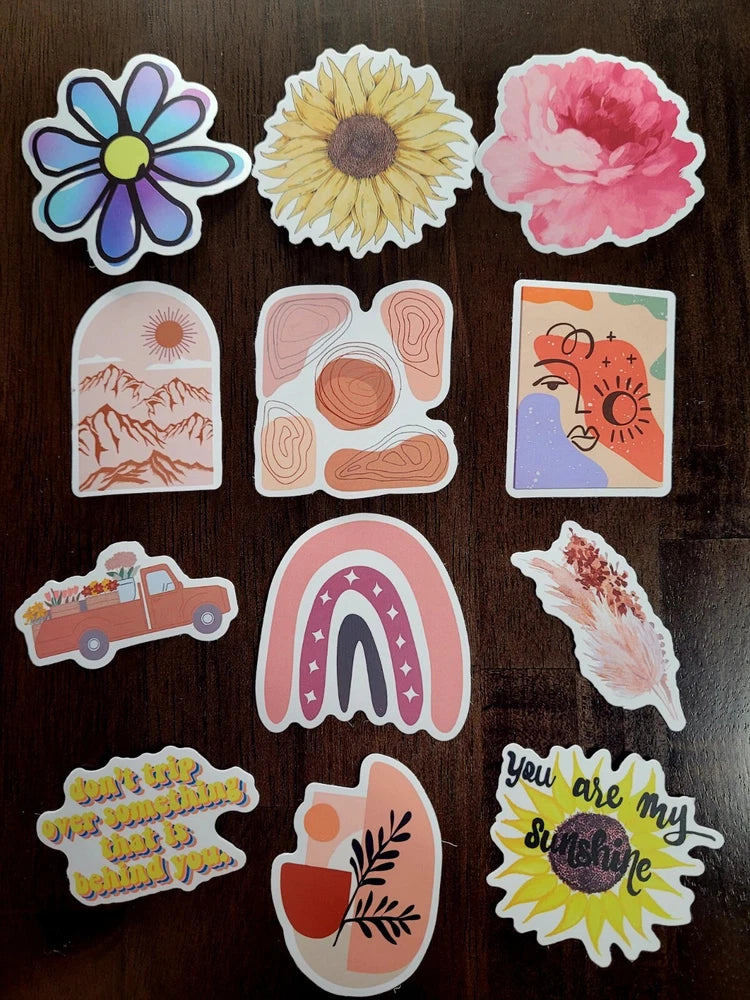 Positive affirmation sticker set with flowers, rainbow, truck, and sunshine designs