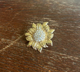 ROMAN Signed Vintage Sunflower Brooch Rhinestone Gold Tone Flower Sunflower