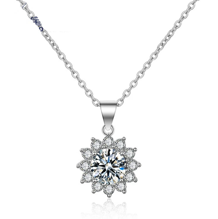 925 Sterling Silver Necklace Sunflower Round Red Clear CZ Pendant 18" Chain G17 Sunflower