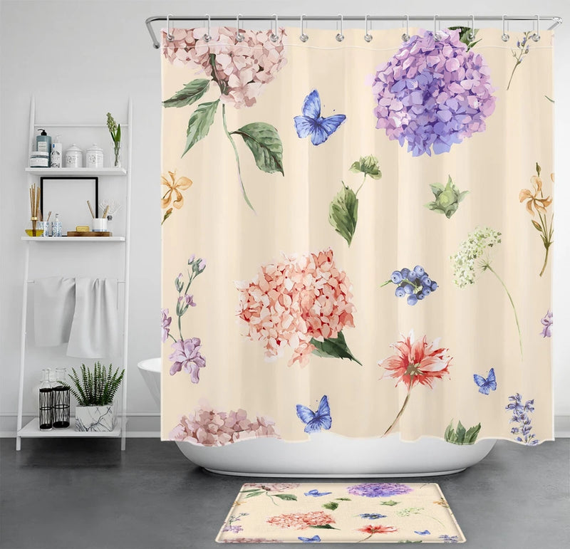 Blue Butterfly Hydrangea Flower Beige ShowerÊCurtainÊBathroomÊAccessoriesÊSet Hydrangea