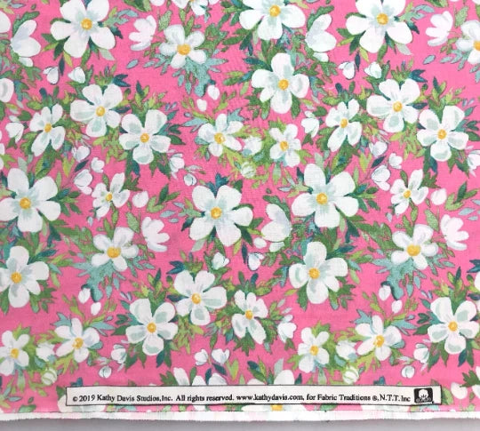By 1/2 Yard White Flowers on Pink Floral Fabric Traditions 100% Cotton Fabric Flowering Plants