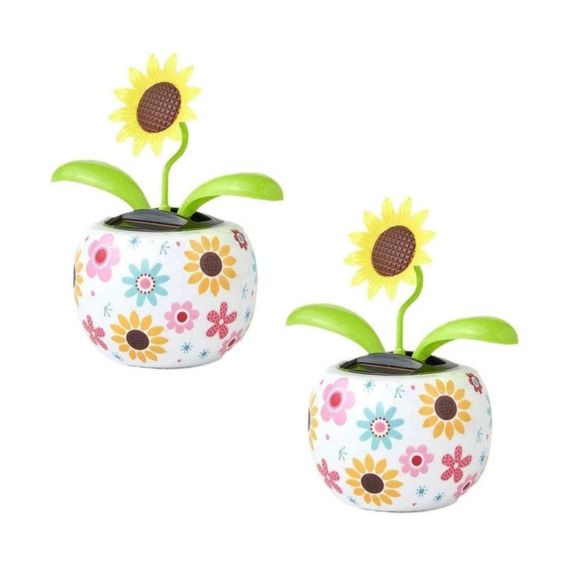 Sunflower solar dancing flower toy with patterned ball base and two blooming flowers