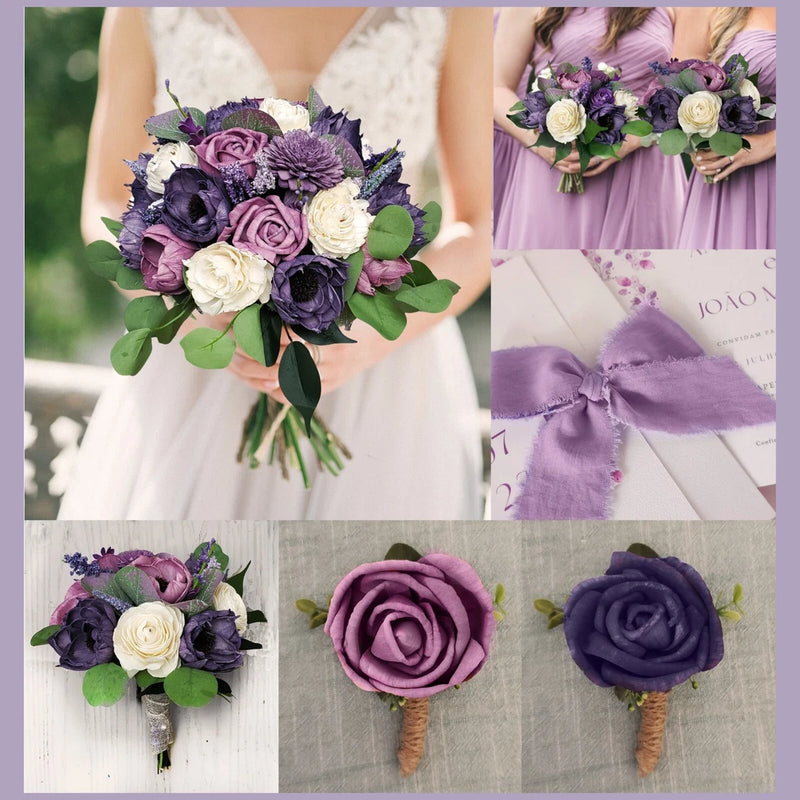 Lavender and purple artificial bridal bouquet with white sola wood flowers, tied stems.