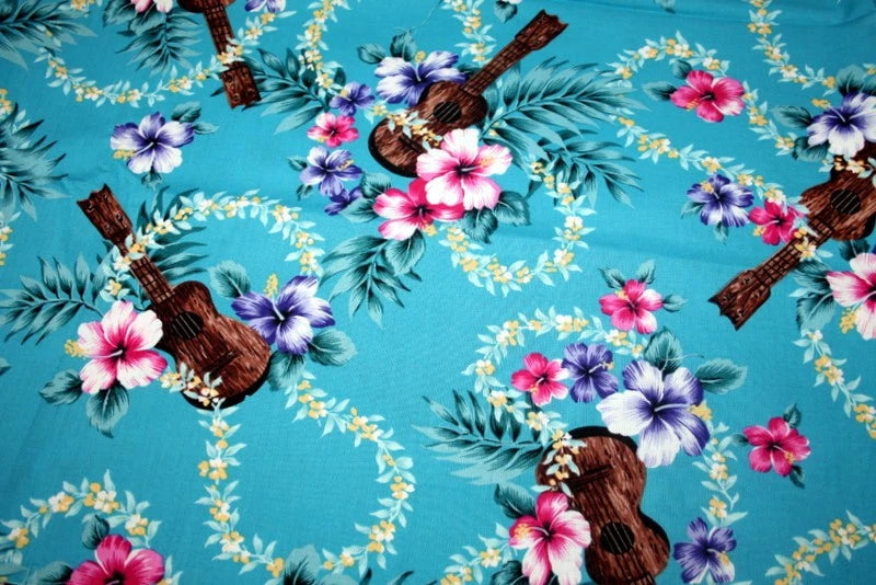 WOODEN UKULELES AND TROPICAL FLOWERS ON TURQUOISE - 100% COTTON Flowering Plants