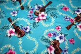 WOODEN UKULELES AND TROPICAL FLOWERS ON TURQUOISE - 100% COTTON Flowering Plants