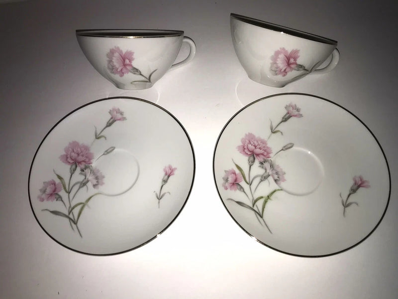 Vintage Royal Court Pink Carnations Demitasse 2 Cups & 2 Saucers Mint Farmhouse Carnation