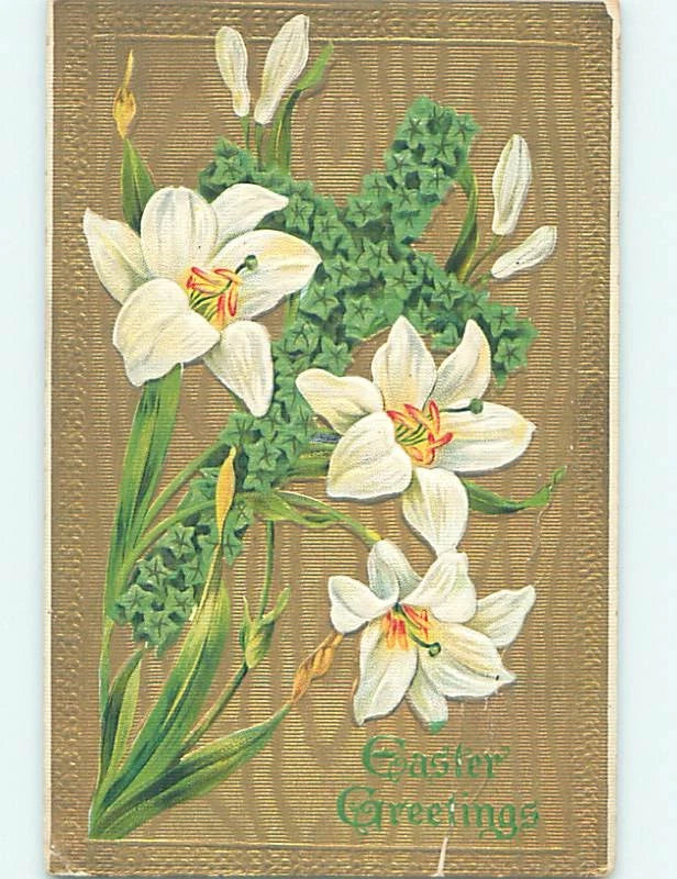 Easter lily floral greeting card with white lilies and green leaves
