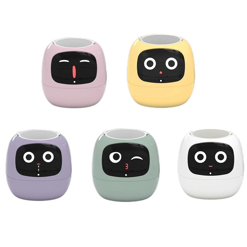 Smart flower pot with cute face design, shown in pink, yellow, purple, teal, and white.