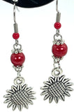 Earrings Antique Silver Tone Sunflowers w/Red Pearl Accents Drop 1.5" Sunflower