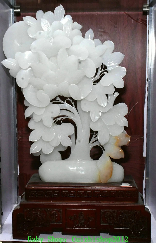 20.4'' Collection Chinese Natural Xiu Jade Carving Tree Peony Flower Statue Peony