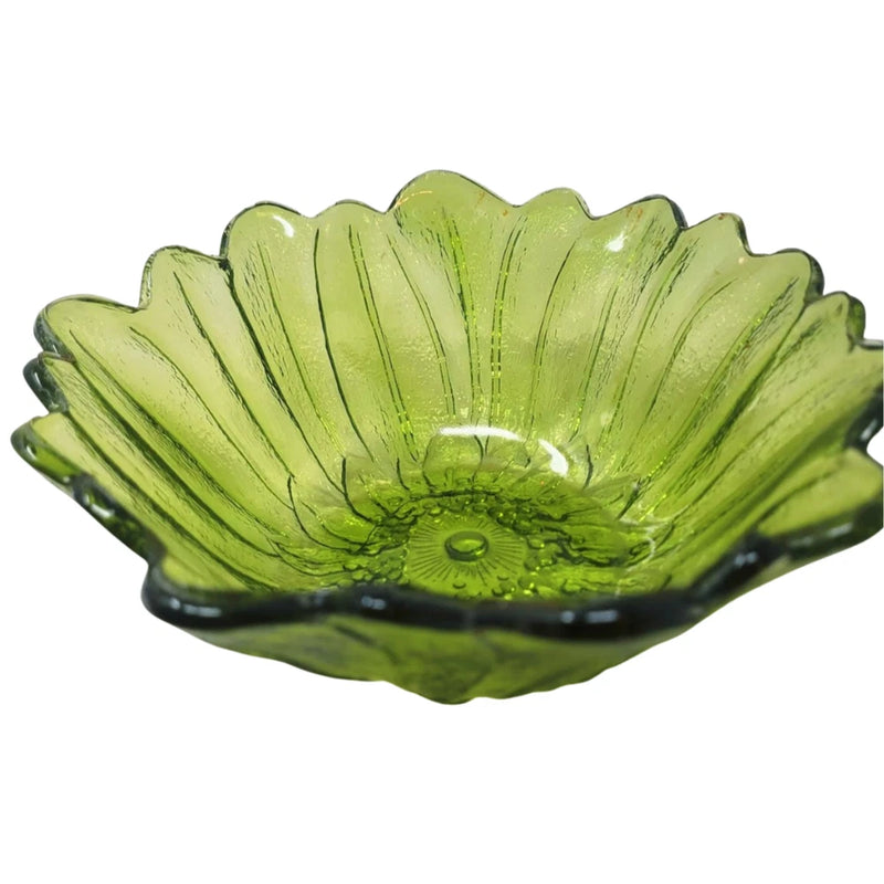 Vintage Indiana Glass Textured MCM Avocado Green Sunflower Bowl 7" Wide Sunflower