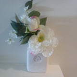 White Silk Peony Faux Flower Arrangement Crackle Vintage Vase Artificial Flowers Peony