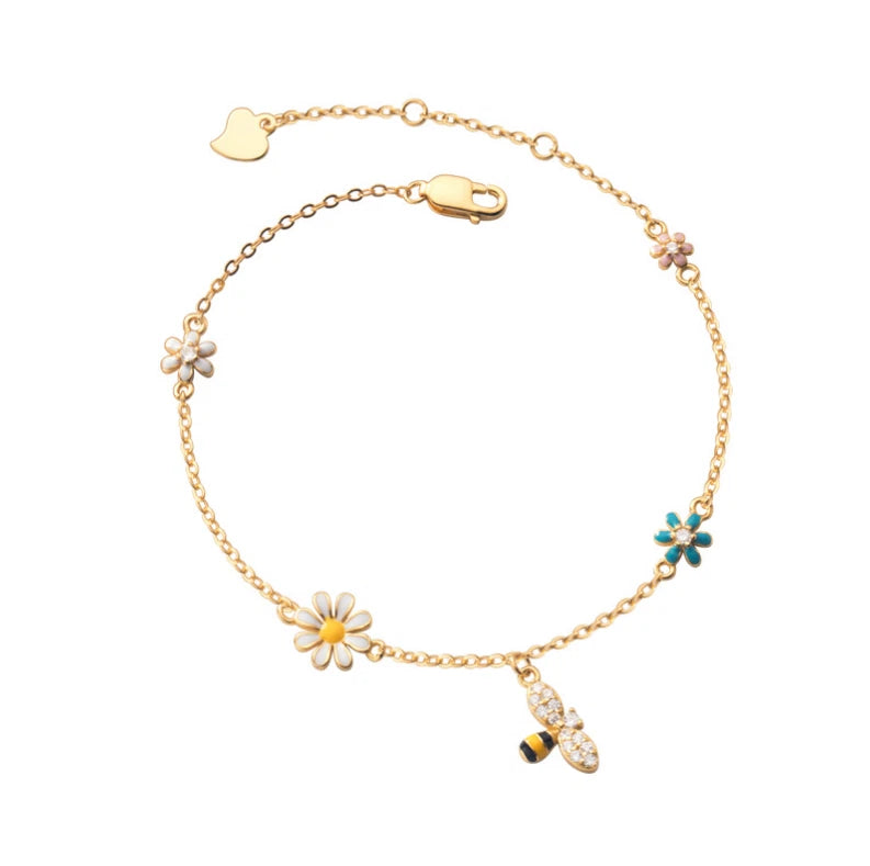 S925 Sterling Silver Crystal Enamel Bee Daisy Flower Charm Bracelet 7" Gift I120 Daisies