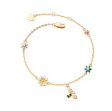S925 Sterling Silver Crystal Enamel Bee Daisy Flower Charm Bracelet 7" Gift I120 Daisies