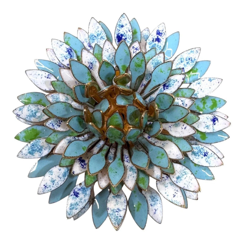 Vtg Gold Tone Enamel Flower Brooch Large Blue Green White Pin Carnation Dahlia Carnation