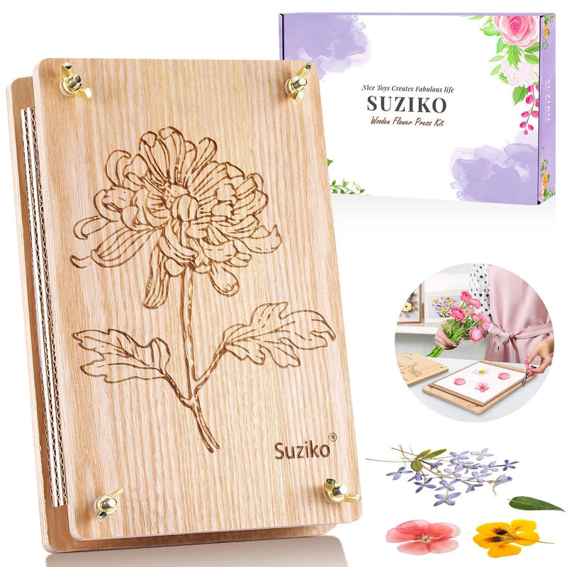 Wooden flower preservation press with floral engraving and brass corners