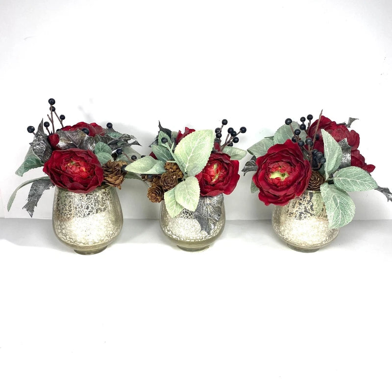 Threshold Silver Mercury Crackle Glass Red Ranunculus Vase Arrangement -Set of 3 Ranunculus