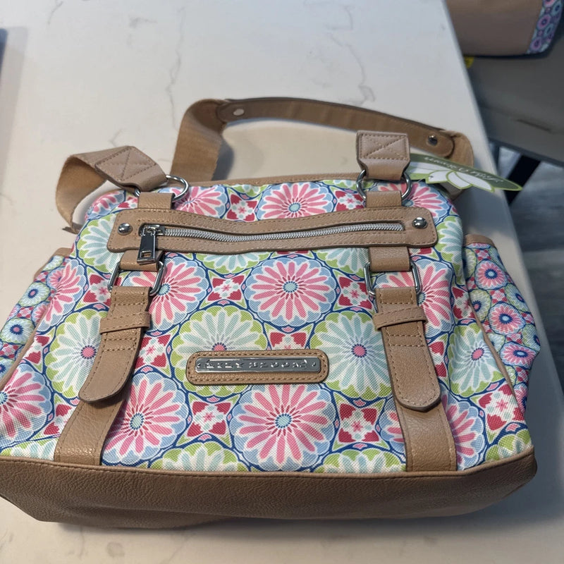 Lily Bloom Landon large floral satchel with front zipper pocket, top handles, tan straps