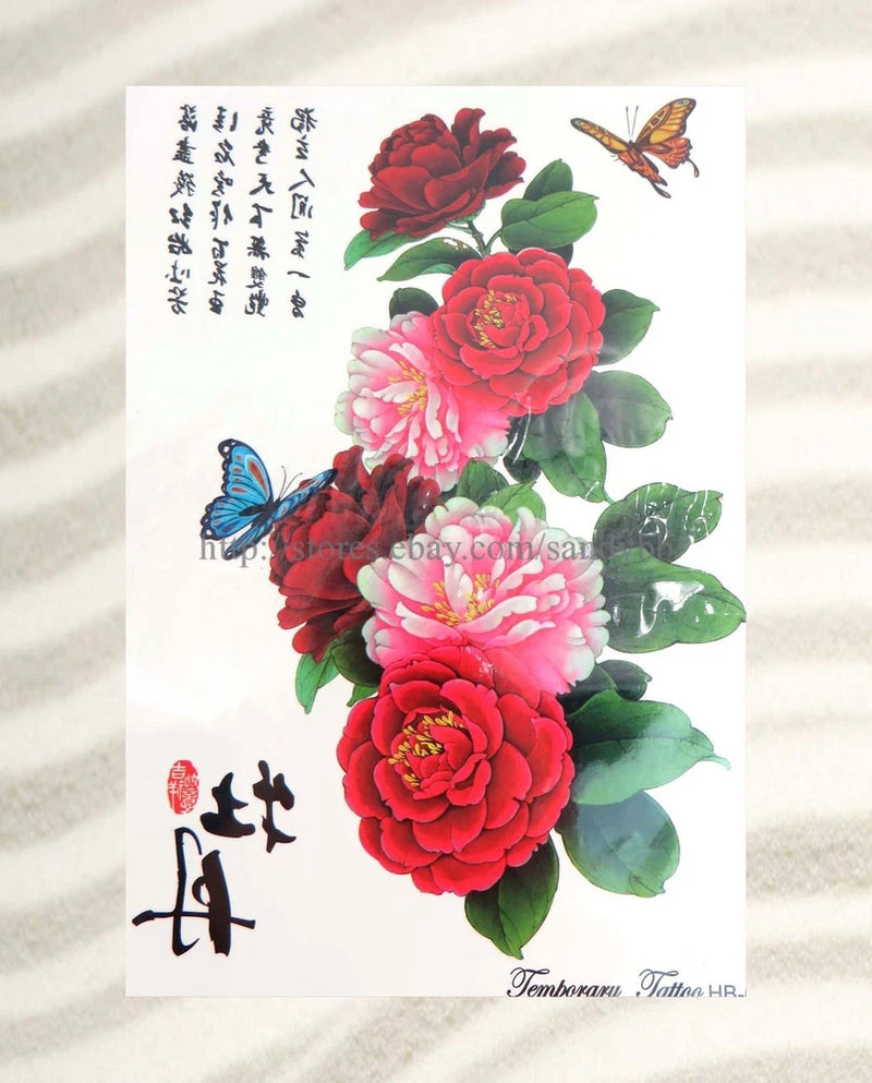 Large peony flower temporary tattoo with butterflies and red pink petals, half-sleeve arm
