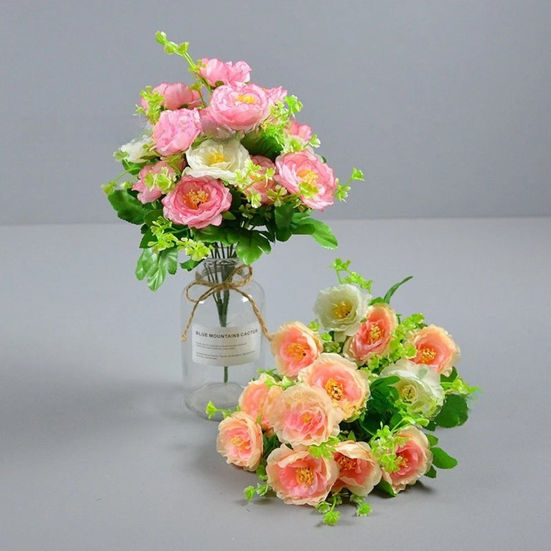 Artificial rose bouquet with pink and peach blossoms and green leaves, 30cm