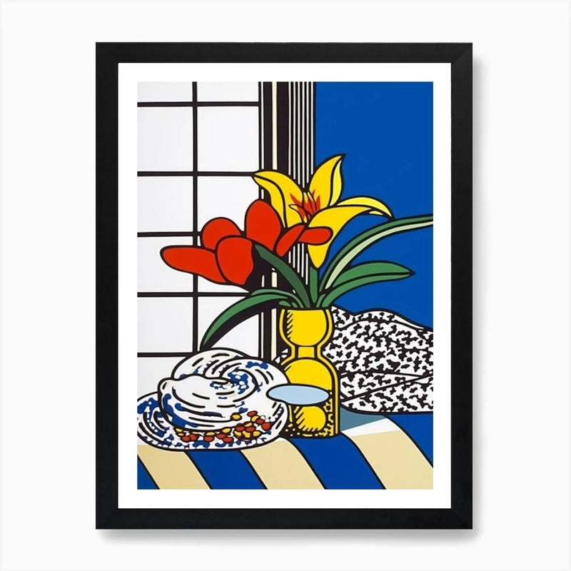 Framed pop art lily wall art with colorful flowers in a vase