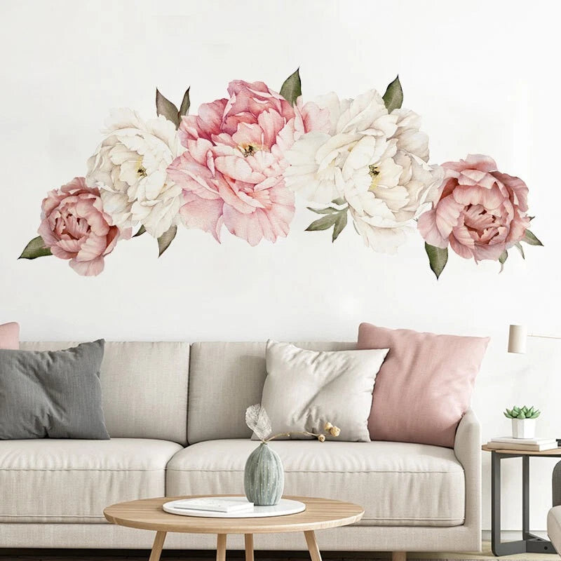 Peony flower blossom wall stickers with pink and white blooms and green leaves