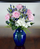 Silk Pink Real Touch Roses and  Blue Wildflowers in a Blue Glass Vase Hydrangea