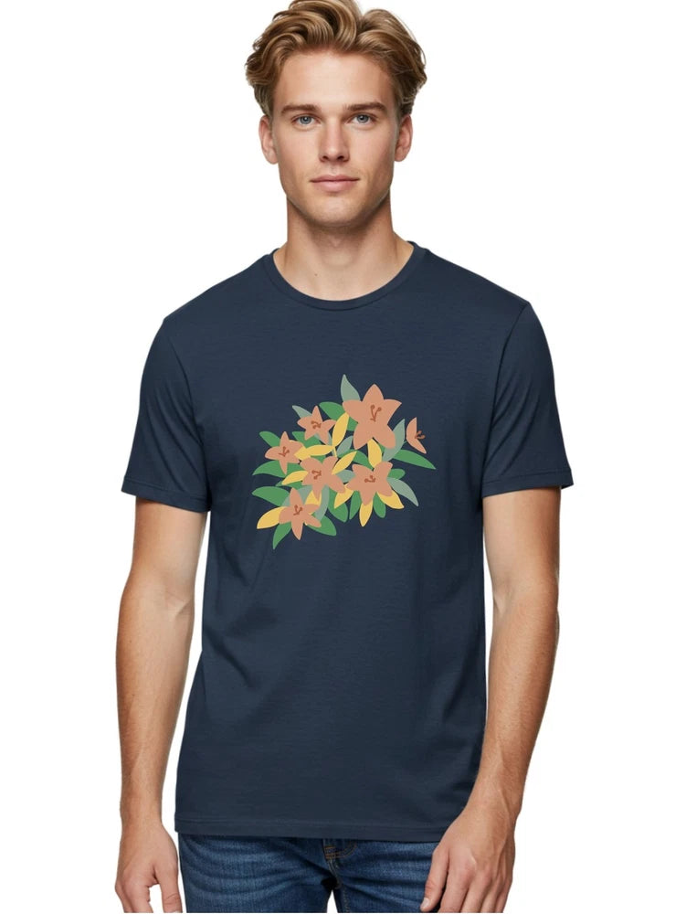 Men's navy cotton graphic T-shirt with colorful lily flower print, short sleeves