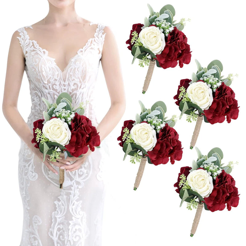Artificial Flowers Bridesmaid Bouquets - Set of 4 Bridesmaid Bouquet Burgundy... Hydrangea