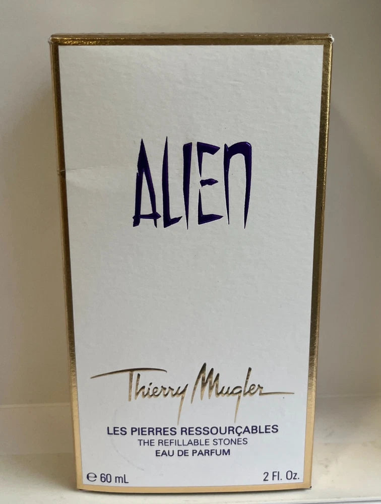 Perfume box for ALIEN by Thierry Mugler, gold-trimmed white front with logo and 60 ml