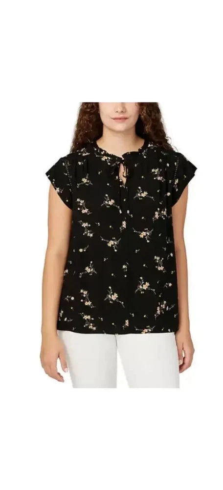 Women's black floral V-neck flutter sleeve blouse, rose print