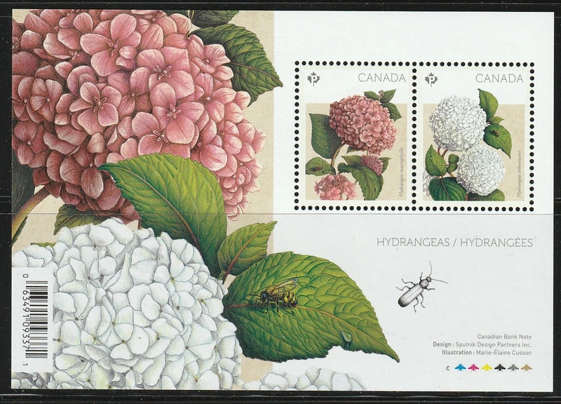 Canada #2896, Hydrangeas, Flowers, Souviner Sheet of 2, MNH 2016 Hydrangea