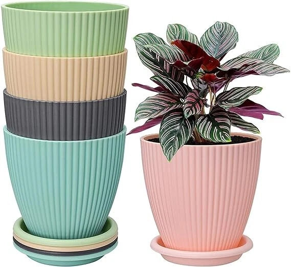 Ribbed round plastic flower pot set, mint green and pink with drainage tray base