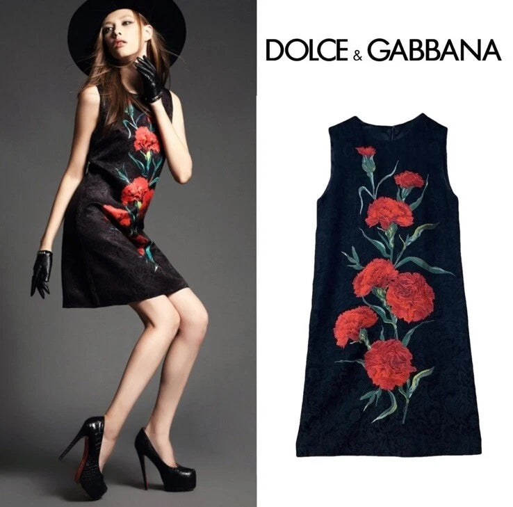 Rare Dolce & Gabbana Brocade Carnation Black Red Floral Silk Mini Dress IT38 Carnation