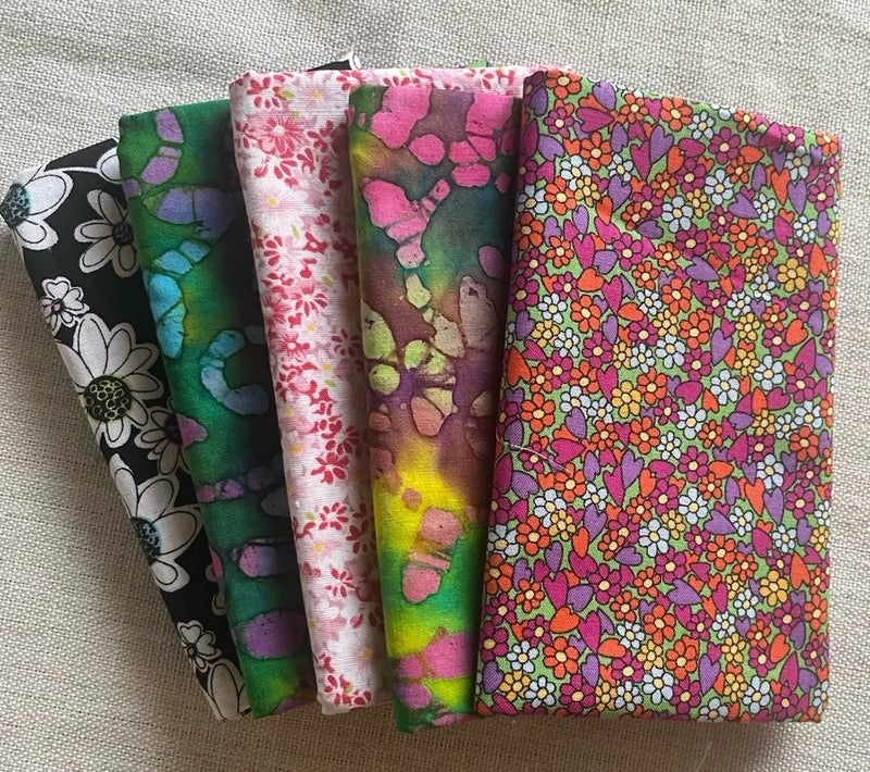 Lot Of 5 Quilting Fat Quarters 100% Cotton Fabric Bundle 18Óx22Ó Floral Batik Flowering Plants